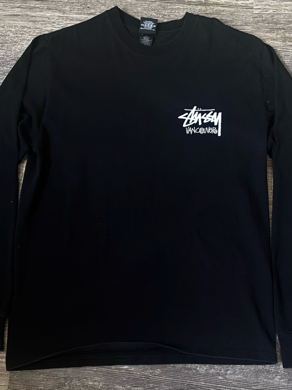 Stussy Black Long Sleeve Tee with White Vancouver Logo